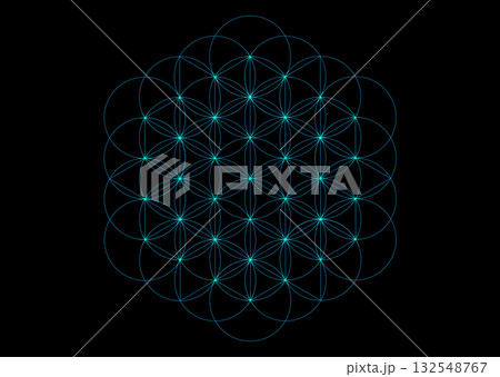 Spiritual Flower of Life, Yantra Mandala, blue neon effect seed of life, Sacred Geometry, bright symbol of harmony and balance. Mystical circle talisman, vector isolated on black background 132548767