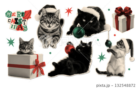 Christmas halftone collage paper cut out stickers set. Funny clipart with cat in Santa hat, sitting inside gift box, playing with ball. Vintage grunge mixed media vector illustration on transparent Christmas halftone collage paper cut out stickers set. Funny clipart with cat in Santa hat, sitting inside gift box, playing with ball. Vintage grunge mixed media vector illustration on transparent 132548872