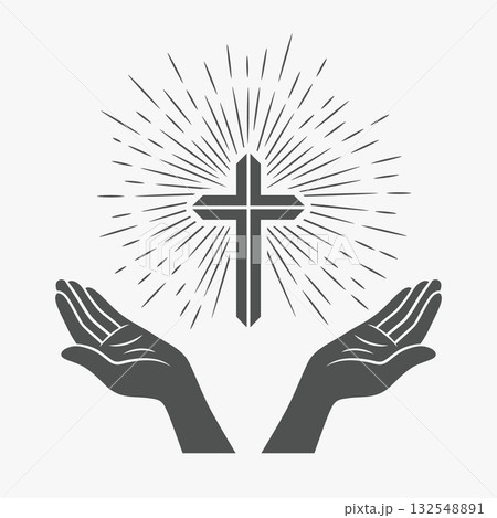 Vector Black and White Open Hands with Cross. Symbol of Faith and Prayer. Design Template for Church Logo. Prayer, Religion Concept. Monochrome Cut Out Silhouette Icon. Vector Illustration 132548891