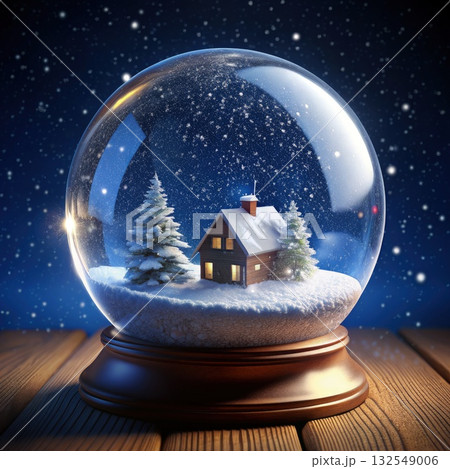 A Snowy Winter Night Scene Inside A Glass Globe. Generative AI 132549006