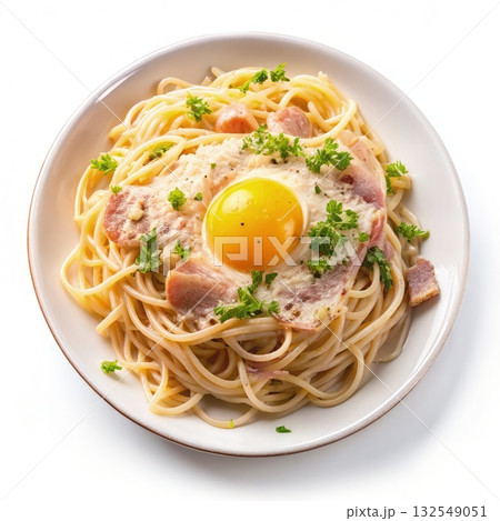 Spaghetti Carbonara With Fried Egg and Bacon. Generative AI 132549051