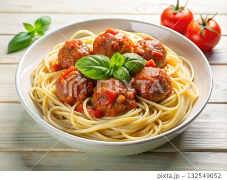 Classic Spaghetti and Meatballs With Basil Garnish on White Plate. Generative AI 132549052