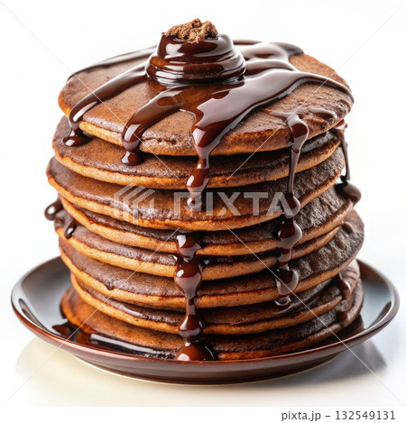 Delicious Chocolate Pancakes Drizzled With Chocolate Sauce. Generative AI Delicious Chocolate Pancakes Drizzled With Chocolate Sauce. Generative AI 132549131