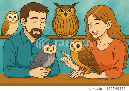 フクロウカフェ　ステンドグラス調 132549353