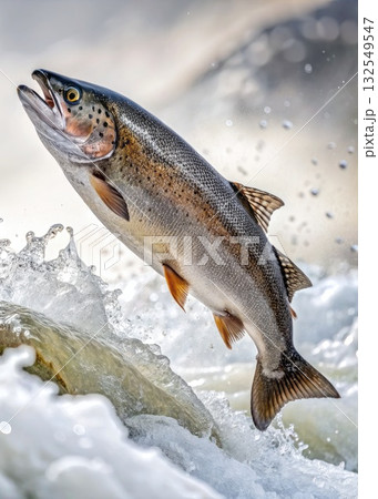 Salmon Leaping Over Rapids During Spawning Season. Generative AI 132549547