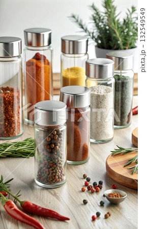 Glass Jars Filled With Various Spices on Wooden Tabletop. Generative AI Glass Jars Filled With Various Spices on Wooden Tabletop. Generative AI 132549549