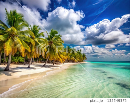 Idyllic Saona Island Beach With Palm Trees and Clear Turquoise Water. Generative AI Idyllic Saona Island Beach With Palm Trees and Clear Turquoise Water. Generative AI 132549573