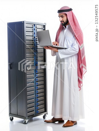 Saudi Man Working With Server Rack and Laptop in a Studio Setting. Generative AI 132549575