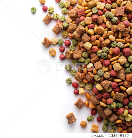 Scattered Dry Pet Food on White Background With Copy Space. Generative AI 132549580