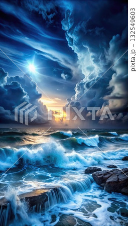 Stormy Night Sea With Bright Clouds And Dramatic Waves. Generative AI 132549603