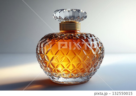 Perfume bottle with glossy on its glass surface, conveying elegance and sophistication. Ideal for high-end perfume advertisements. Perfume bottle with glossy on its glass surface, conveying elegance and sophistication. Ideal for high-end perfume advertisements. 132550015