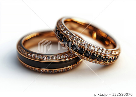 Pair of white gold wedding rings on a white background. Original style. 132550070