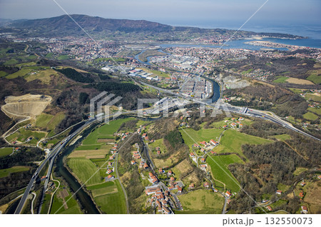 Scenic view of Peage Biriatou and Hendaye from above with green landscapes 132550073