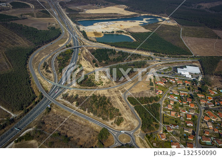 Aerial view of A64 highway near Saint-Geours-de-Marenne in Landes region 132550090