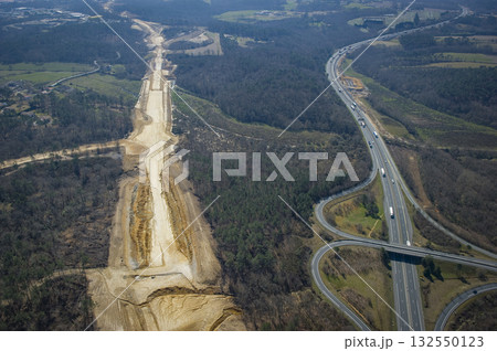 Construction of high-speed train line in France with adjacent highway Construction of high-speed train line in France with adjacent highway 132550123