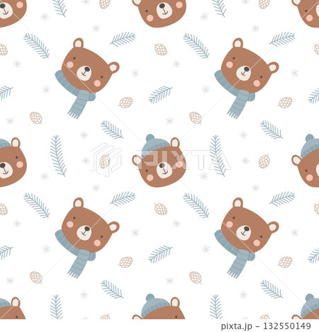 Seamless pattern with brown bear in blue hat and scarf, pine branches and cones, cozy winter background Seamless pattern with brown bear in blue hat and scarf, pine branches and cones, cozy winter background 132550149