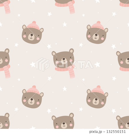Adorable seamless pattern with brown bear in pink hat and scarf, winter animal background Adorable seamless pattern with brown bear in pink hat and scarf, winter animal background 132550151