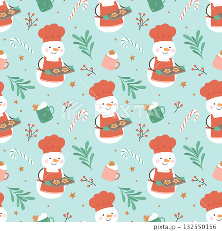 Cute snowman baker seamless Christmas pattern on turquoise background 132550156