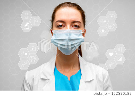 Healthcare professional in protective mask with medical symbols in a clinical setting Healthcare professional in protective mask with medical symbols in a clinical setting 132550185