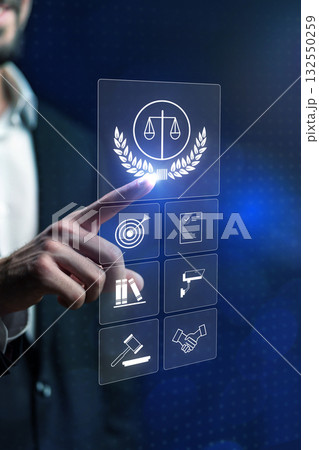 Digital interface with legal symbols and icons used in modern law practices Digital interface with legal symbols and icons used in modern law practices 132550259