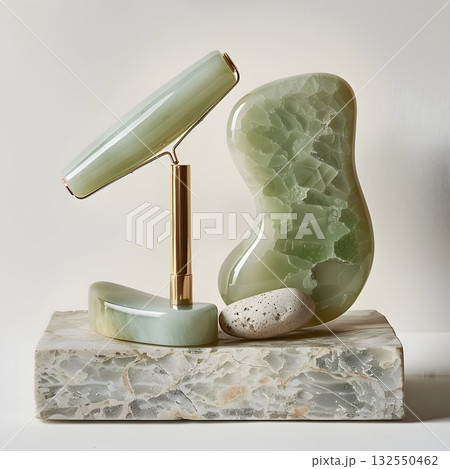 Minimal beauty setup featuring a polished jade gua-sha board, facial roller on a gold stand, oval massage stone and jade wand arranged on a textured stone tray. Clean light and marble veins emphasize  132550462