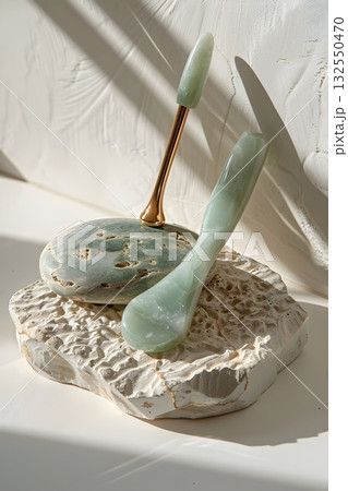 Minimal beauty setup featuring a polished jade gua-sha board, facial roller on a gold stand, oval massage stone and jade wand arranged on a textured stone tray. Clean light and marble veins emphasize  132550470