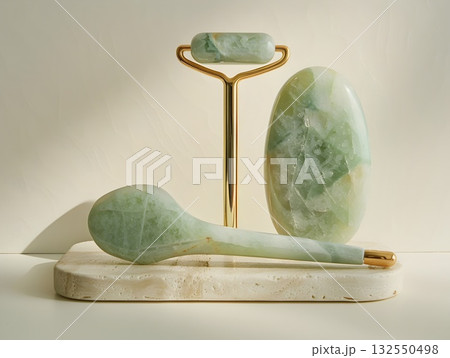 Minimal beauty setup featuring a polished jade gua-sha board, facial roller on a gold stand, oval massage stone and jade wand arranged on a textured stone tray. Clean light and marble veins emphasize Minimal beauty setup featuring a polished jade gua-sha board, facial roller on a gold stand, oval massage stone and jade wand arranged on a textured stone tray. Clean light and marble veins emphasize 132550498