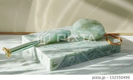 Minimal beauty setup featuring a polished jade gua-sha board, facial roller on a gold stand, oval massage stone and jade wand arranged on a textured stone tray. Clean light and marble veins emphasize  132550499