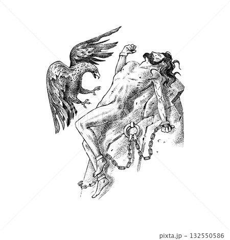 Myths of ancient greece. Prometheus titan chained on a rock and an eagle pecking him. Character 132550586
