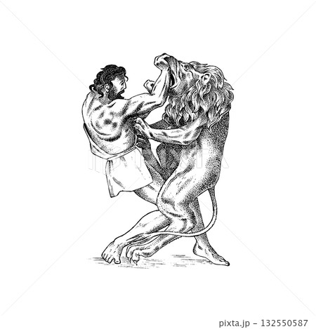 Myths of ancient greece. hercules tearing the mouth of a lion, 12 labors. Character sketch. Hand Myths of ancient greece. hercules tearing the mouth of a lion, 12 labors. Character sketch. Hand 132550587