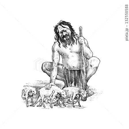 Myths of ancient Greece. Escape of Odysseus from the cave of the blind Polyphemus. Giant Cyclops Myths of ancient Greece. Escape of Odysseus from the cave of the blind Polyphemus. Giant Cyclops 132550588