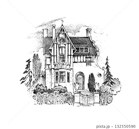 Scandinavian architecture, German style, half-timbered houses, 18th century. Timber framing. Vector Scandinavian architecture, German style, half-timbered houses, 18th century. Timber framing. Vector 132550590