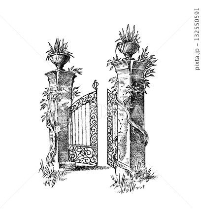 Gates or doors or portal. Template for wine or alcohol label. Old Vintage engraving streets 132550591