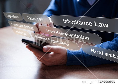 Person using a smartphone to explore legal services and specialties at a desk Person using a smartphone to explore legal services and specialties at a desk 132550653