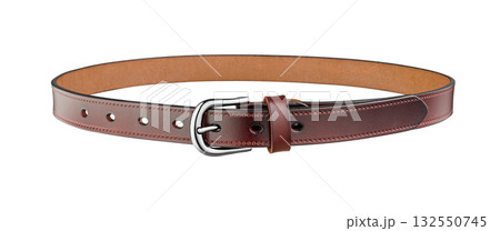Burgundy Leather Belt with Silver Buckle on White Background Burgundy Leather Belt with Silver Buckle on White Background 132550745