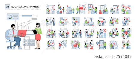 Vector illustration of two people in a business setting analyzing financial data on digital devices. Various scenes involving teamwork, technology, and financial tasks depicted. Vector illustration of two people in a business setting analyzing financial data on digital devices. Various scenes involving teamwork, technology, and financial tasks depicted. 132551039