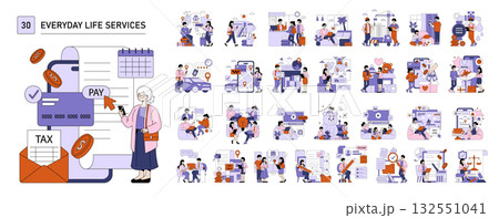 Everyday life services vector illustration showing a person interacting with a digital device for tax and bill payments. Includes icons like a credit card, calendar, and tax envelope. 132551041
