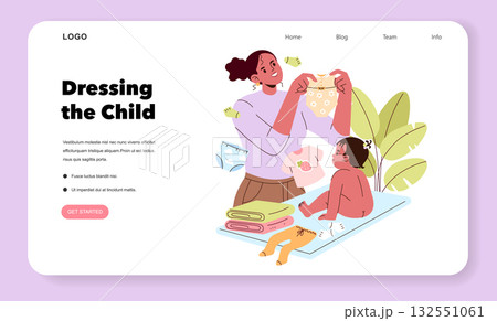 Vector illustration of a mother dressing her young child, depicted on a website landing page. The mother is holding a shirt while the child sits surrounded by clothing items. Vector illustration of a mother dressing her young child, depicted on a website landing page. The mother is holding a shirt while the child sits surrounded by clothing items. 132551061