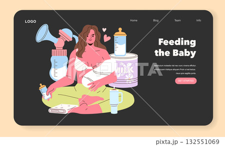 Vector illustration of a mother nursing her baby, surrounded by feeding supplies like bottles and a breast pump. The scene emphasizes the nurturing bond between mother and child. 132551069