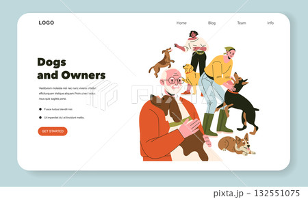 Vector illustration of cheerful people interacting with their dogs. The image features various dog breeds and owners enjoying playful moments together. Perfect for pet-themed designs. 132551075