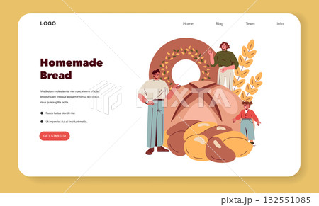 Vector illustration of a homemade bread website design featuring smiling characters interacting with elements like bread and wheat. Ideal for showcasing bakery or culinary themes online. Vector illustration of a homemade bread website design featuring smiling characters interacting with elements like bread and wheat. Ideal for showcasing bakery or culinary themes online. 132551085