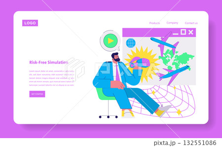 Vector illustration of a businessman using virtual reality to simulate airline travel. The scene includes airplanes, a world map, and digital elements, highlighting innovative travel planning. Vector illustration of a businessman using virtual reality to simulate airline travel. The scene includes airplanes, a world map, and digital elements, highlighting innovative travel planning. 132551086