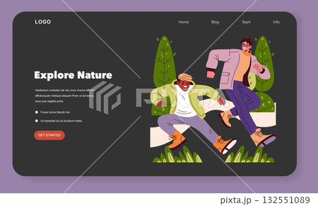 Colorful vector illustration of two joyful individuals running amidst greenery, showcasing a website interface theme with a nature exploration concept. Includes buttons and text elements. 132551089