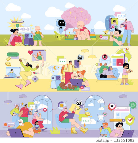 Vector illustration depicting families interacting with technology. Adults, children, and a robot enjoy activities like video calls, gaming, and chatting. Emphasizes connected, tech-driven lifestyles. 132551092