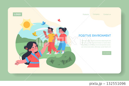 Vector illustration of children enjoying a sunny day in nature, surrounded by butterflies and greenery. Depicts a positive environment with smiling faces and vibrant colors. Vector illustration of children enjoying a sunny day in nature, surrounded by butterflies and greenery. Depicts a positive environment with smiling faces and vibrant colors. 132551096