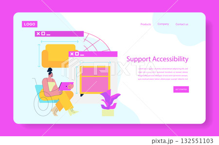 Vector illustration of a woman in a wheelchair using a tablet, focusing on accessibility support within a web design context. Modern interface elements and bright colors enhance the theme. 132551103