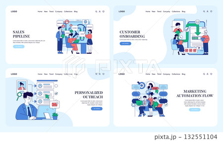 Business workflow vector illustrations featuring diverse teams engaged in distinct processes like sales pipeline, customer onboarding, personalized outreach, and marketing automation flow. 132551104