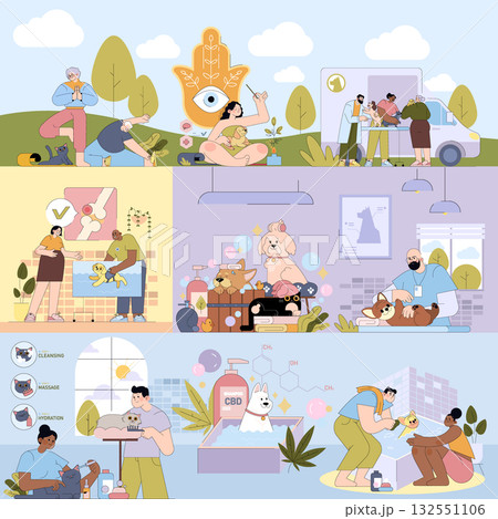 Vector illustration showing people practicing yoga with pets, grooming dogs at a salon, bathing pets, and using CBD products for pet care. Emphasizes wellness and relaxation. Vector illustration showing people practicing yoga with pets, grooming dogs at a salon, bathing pets, and using CBD products for pet care. Emphasizes wellness and relaxation. 132551106
