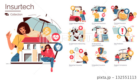 Vector illustrations highlighting various insurtech themes such as usage-based insurance, AI claims processing, and blockchain integration, featuring engaging characters and dynamic visuals. Vector illustrations highlighting various insurtech themes such as usage-based insurance, AI claims processing, and blockchain integration, featuring engaging characters and dynamic visuals. 132551113