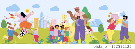 Vector illustration showcasing kids playing in a vibrant city park. Children are engaged in skateboarding, kite flying, puzzle solving, and enjoying outdoor fun under a bright sun. 132551123